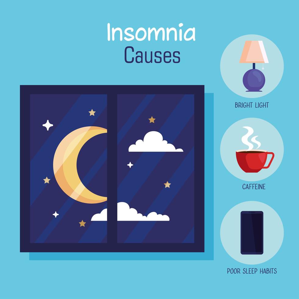insomnia causes moon at window and icon set vector design