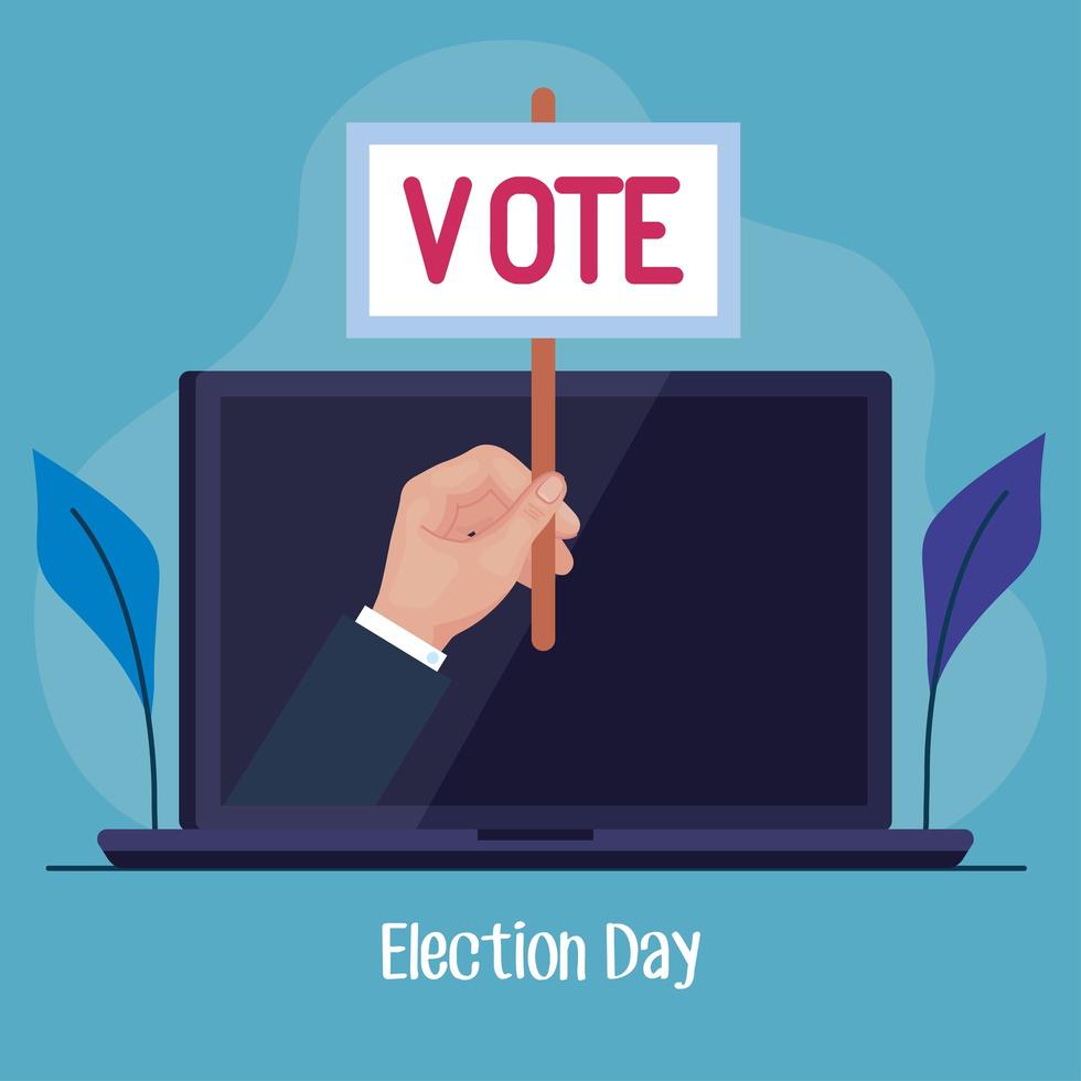 election day hand holding vote banner on laptop vector design