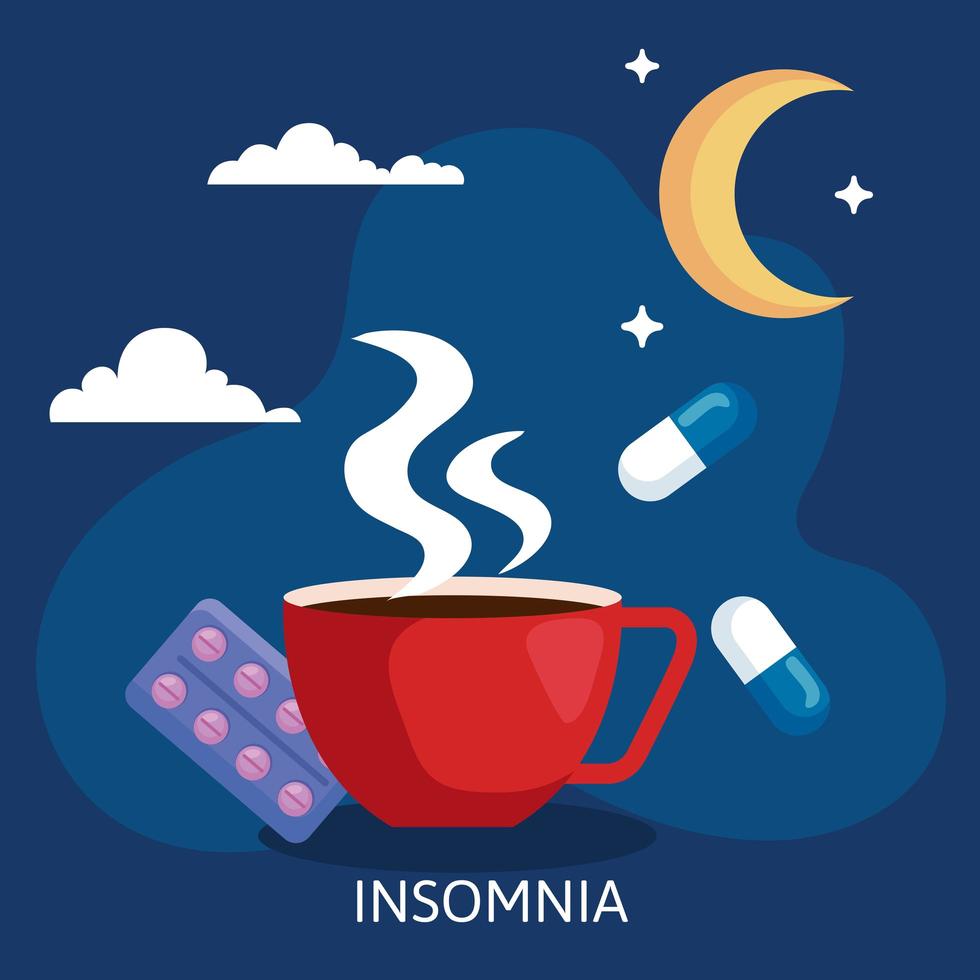 insomnia caffeine cup and pills vector design