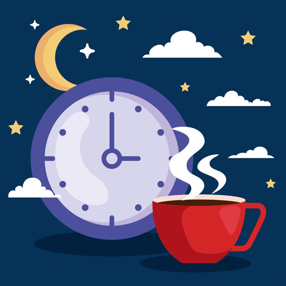 reloj de insomnio y diseño de vector de taza de cafeína