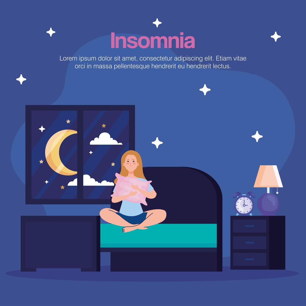 insomnia woman in bedroom with pillow and clock vector design