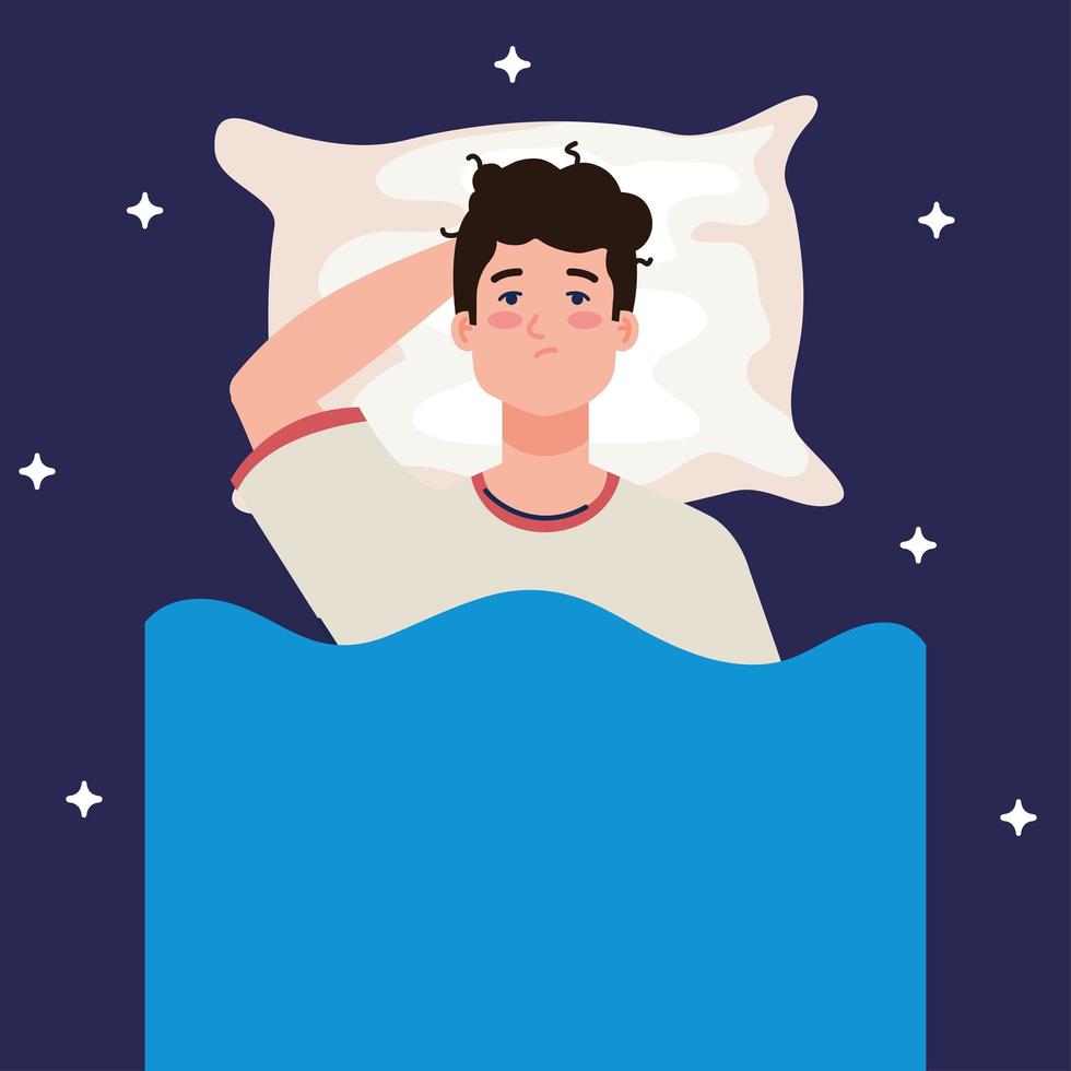 insomnio, hombre, cama, con, almohada, vector, diseño vector