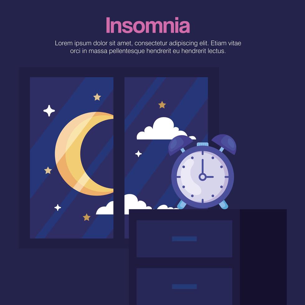 insomnia clock on furniture and moon at window vector design