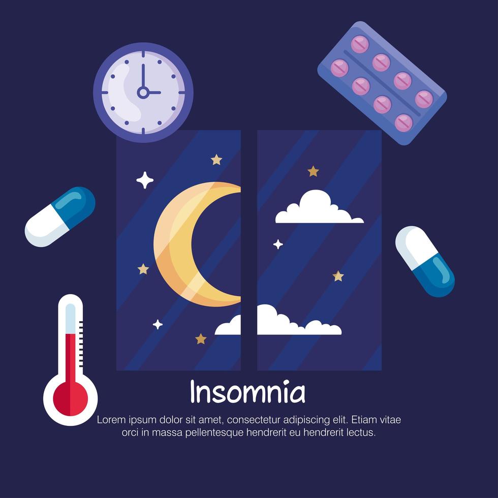insomnia moon at window and icon set vector design