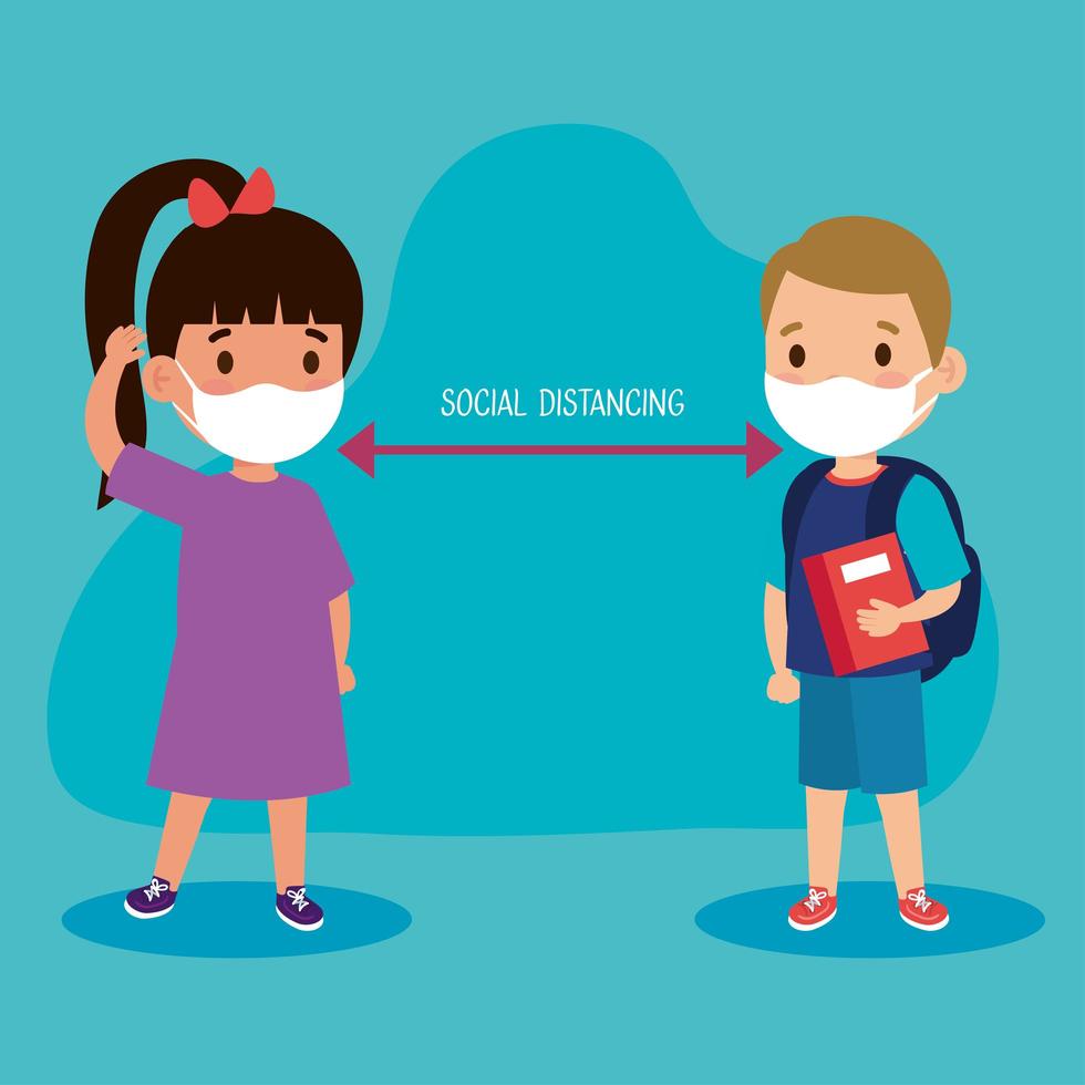 New normal school social distance between girl and boy kid with mask vector design