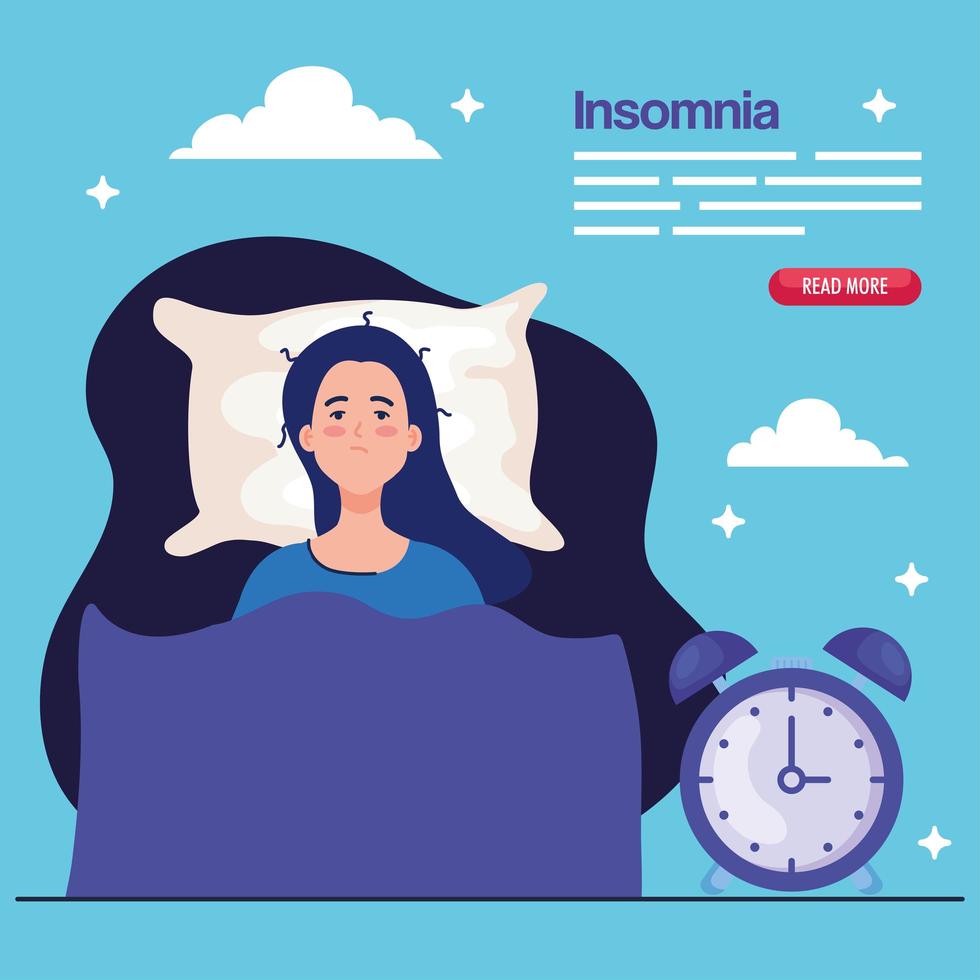 insomnia woman on bed with clock vector design