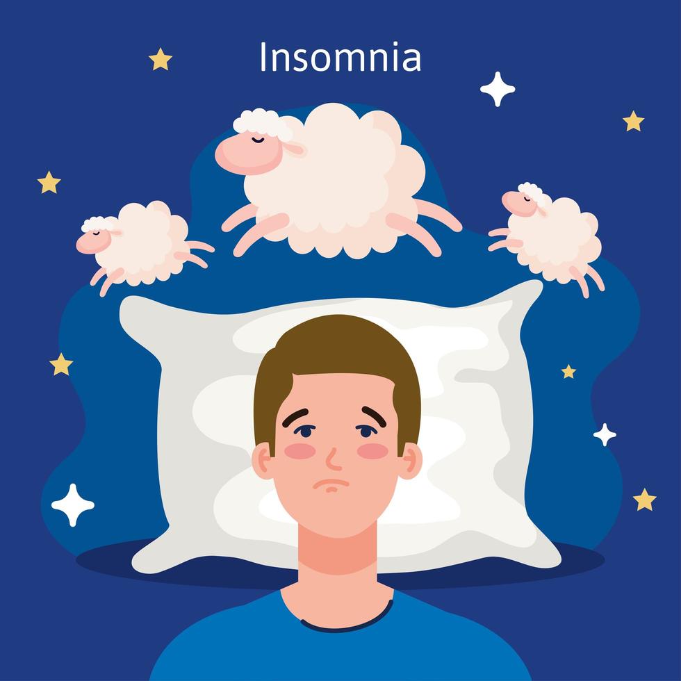 insomnia man on bed with pillow and sheeps vector design