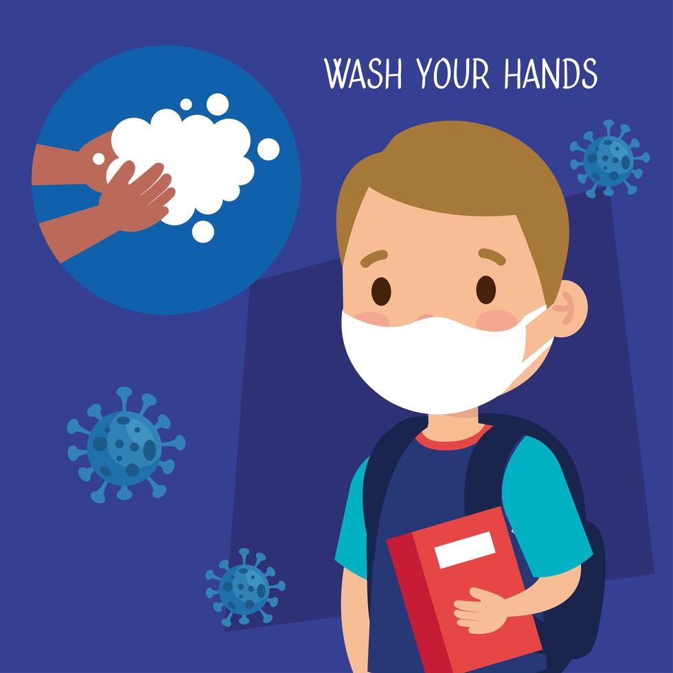 New normal school of girl kid with mask book and hands washing vector design