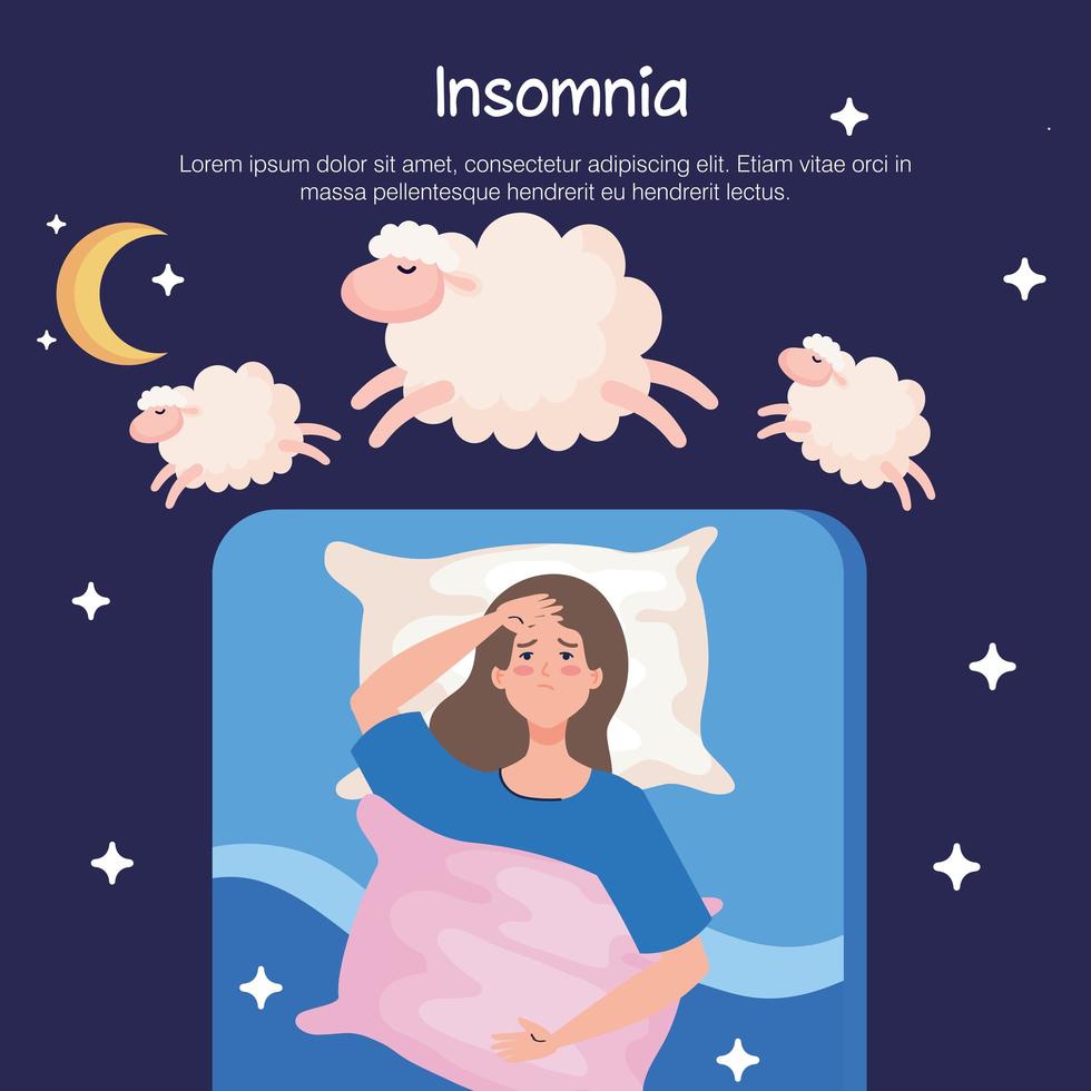 Mujer de insomnio en la cama con almohada y diseño vectorial de ovejas vector