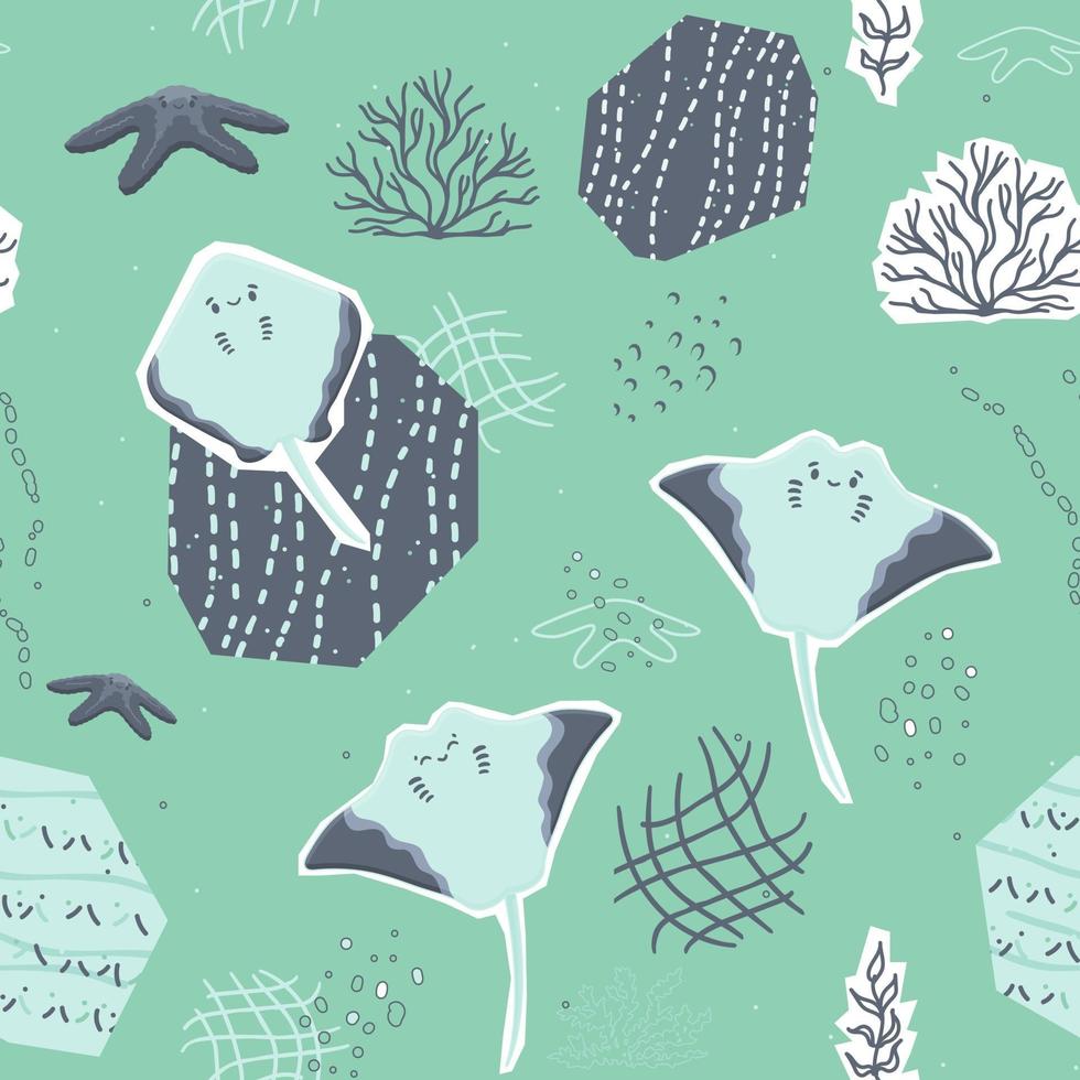 Cute cartoon stingray starfish characters with algae corals seamless pattern vector