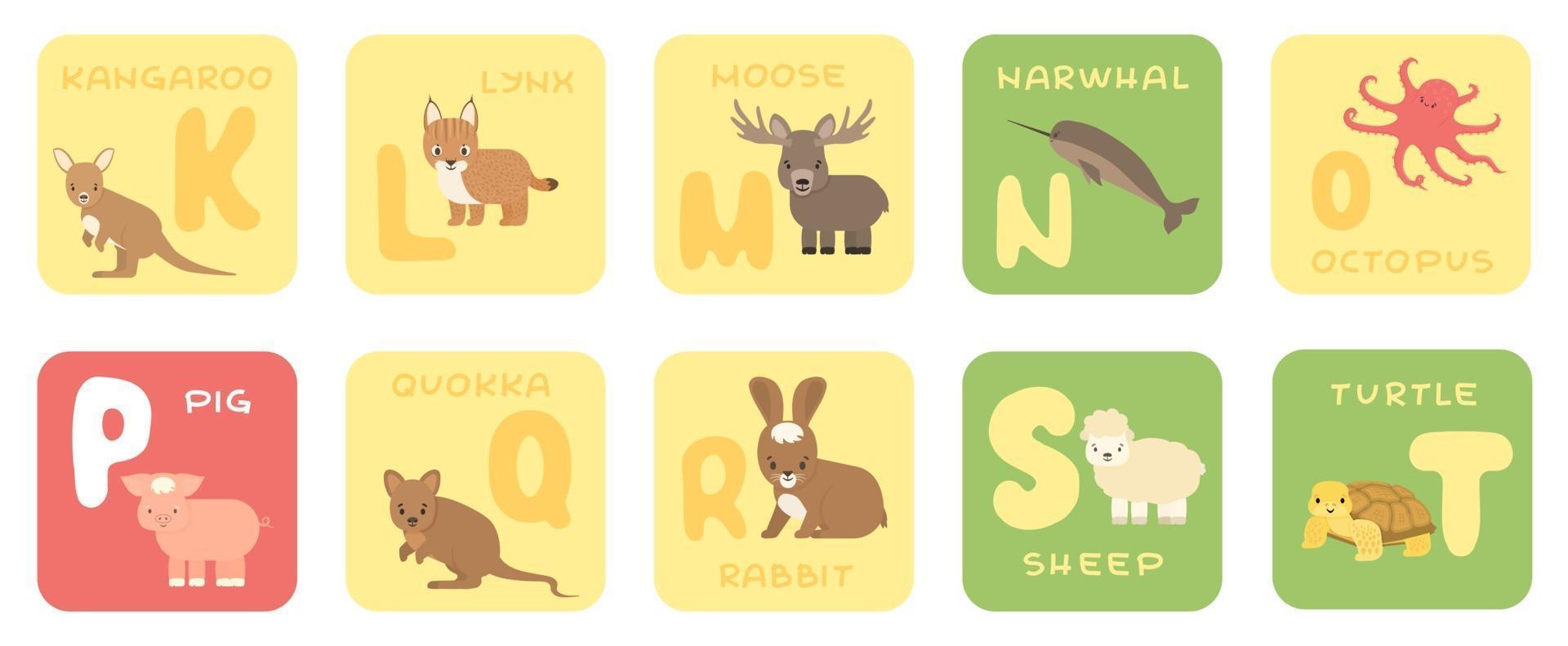 Cute vector K T zoo alphabet isolated education cards with cartoon animals Kangaroo lynx moose narwhal octopus pig quokka rabbit sheep turtle in flat style