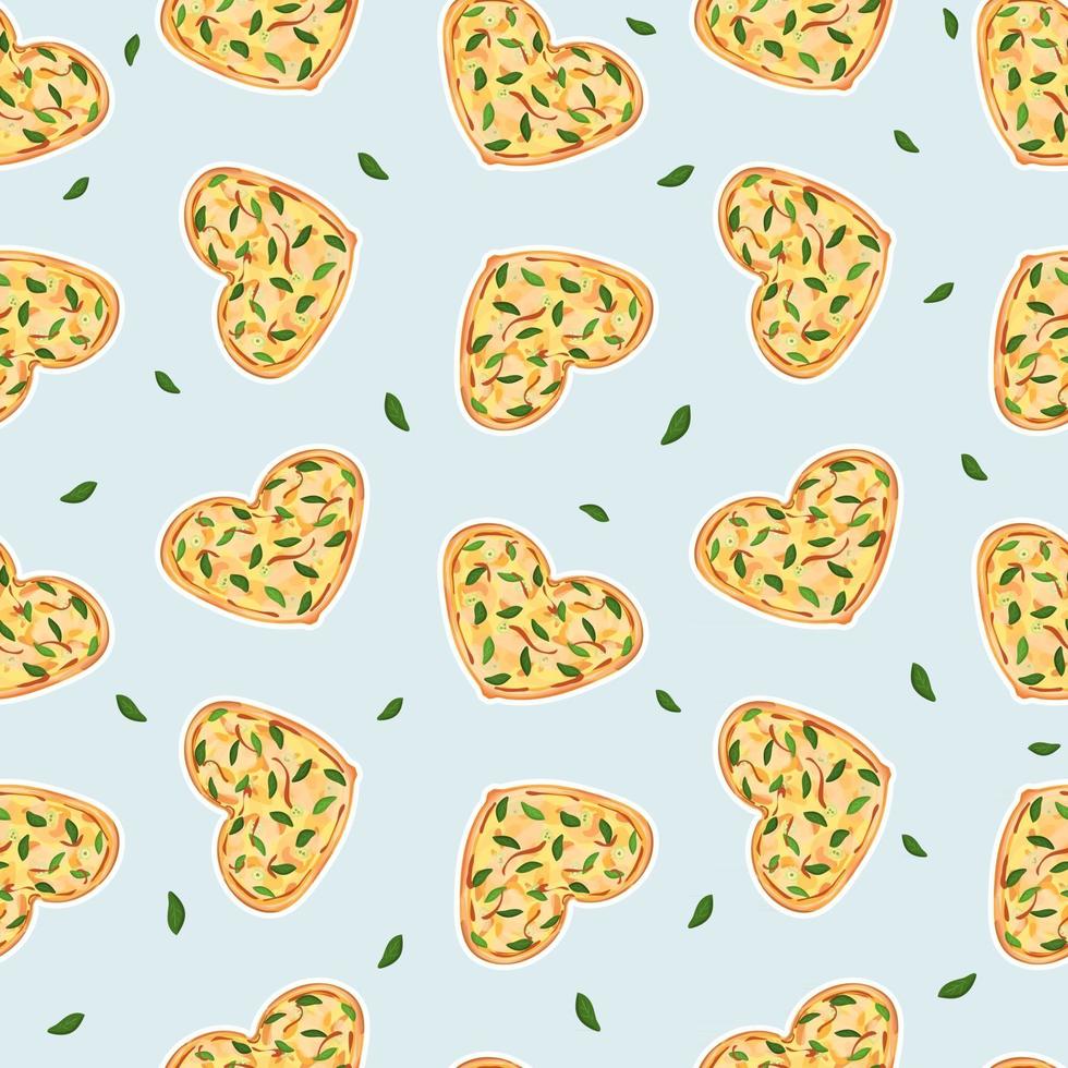 Seamless repeat pattern of Yellow Heart shaped pizza with cheese and basil Blue background vector