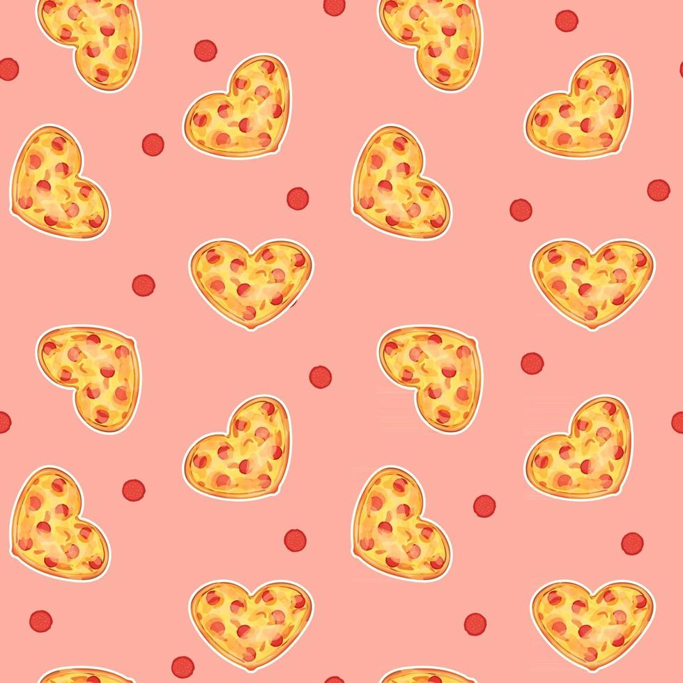 Seamless repeat pattern of Heart shaped pizza with sausage and cheese on pink background vector