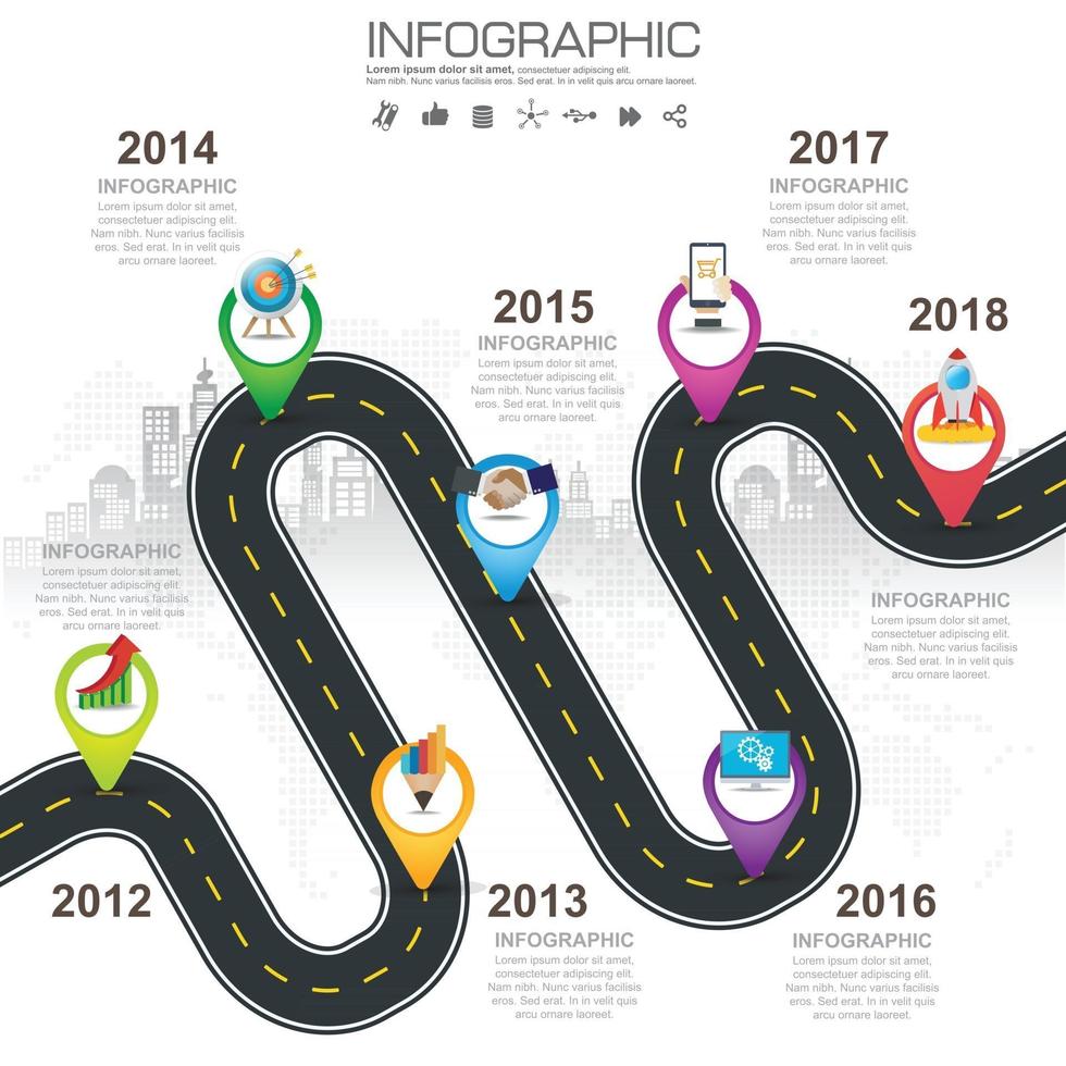 Iconos de infografía de línea de tiempo de mapa de carreteras de negocios diseñados para la plantilla de fondo abstracto vector