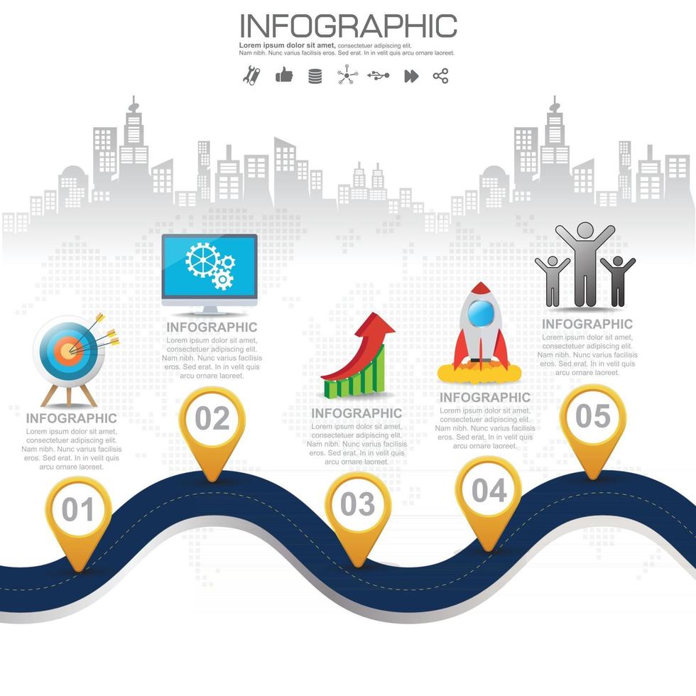 Iconos de infografía de línea de tiempo de mapa de carreteras de negocios diseñados para la plantilla de fondo abstracto vector