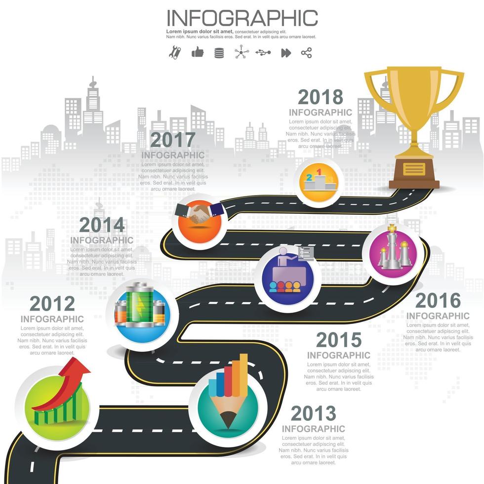 Iconos de infografía de línea de tiempo de mapa de carreteras de negocios diseñados para la plantilla de fondo abstracto vector