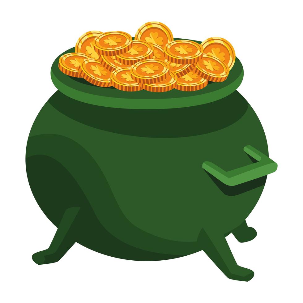 caldero verde y monedas del tesoro icono de san patricio vector