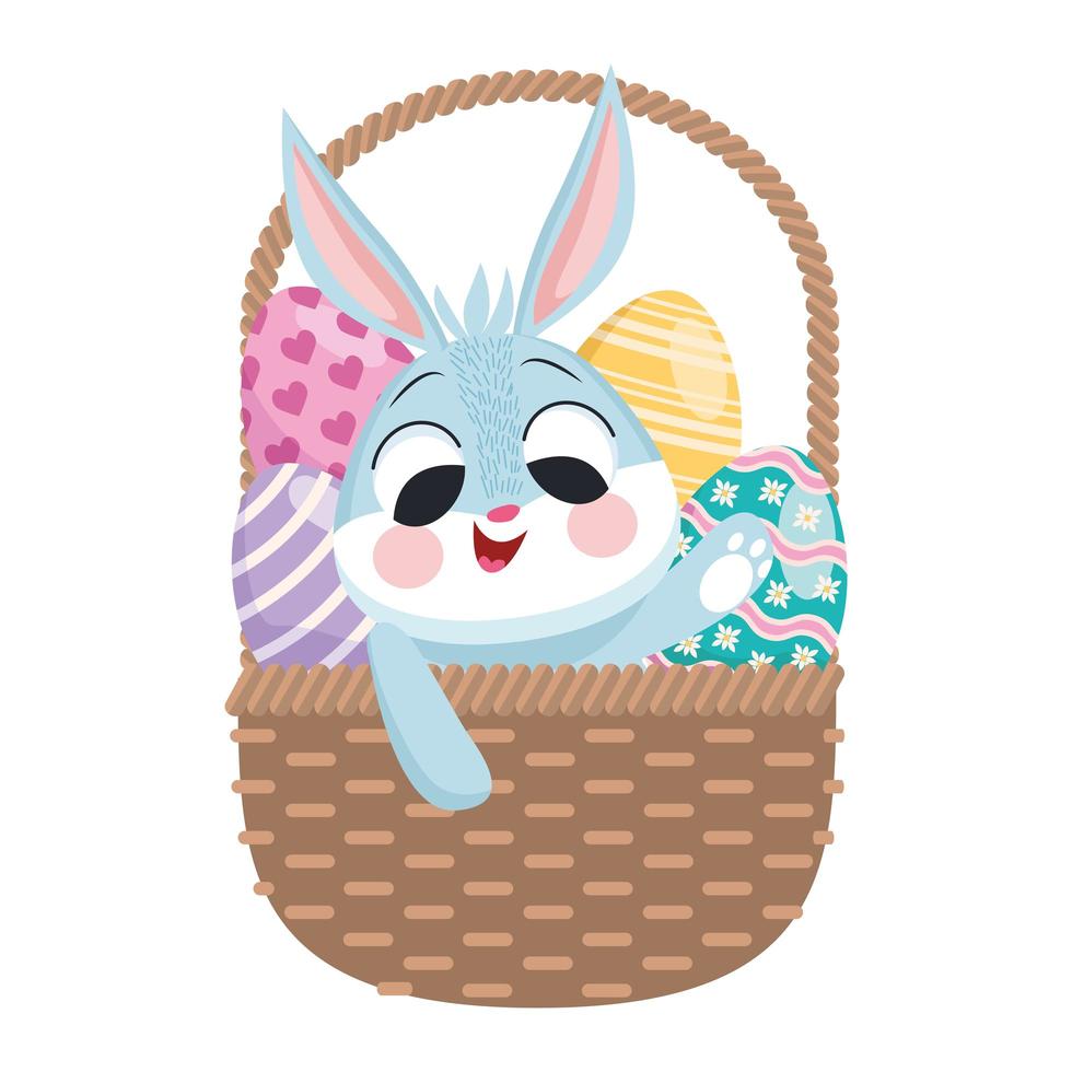 Lindo conejo de pascua y huevos en carácter de canasta vector