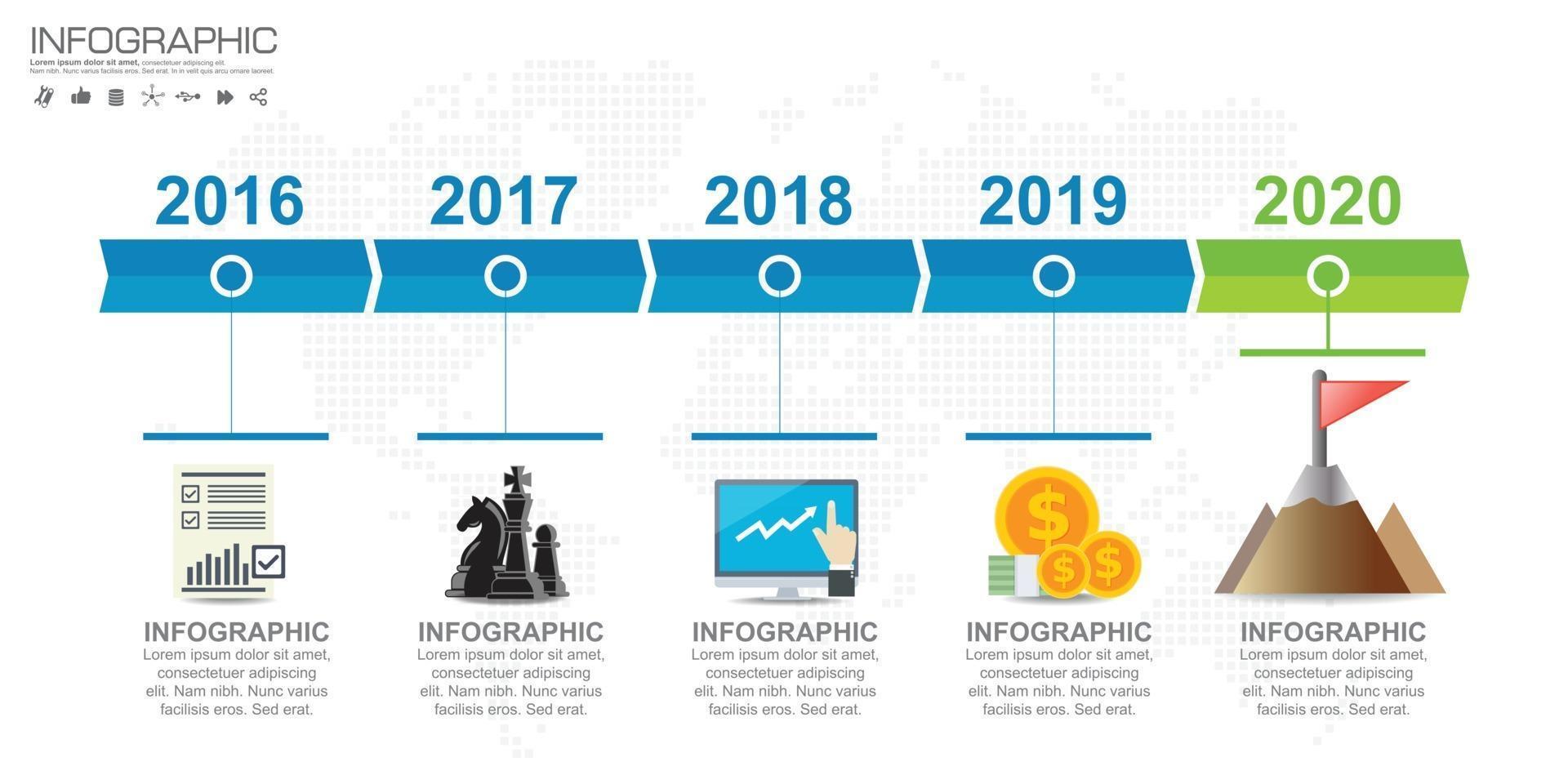 Mapa de ruta infográfico de línea de tiempo con iconos de negocios diseñados para elemento de hito de plantilla diagrama de proceso moderno gráfico ilustración vectorial vector