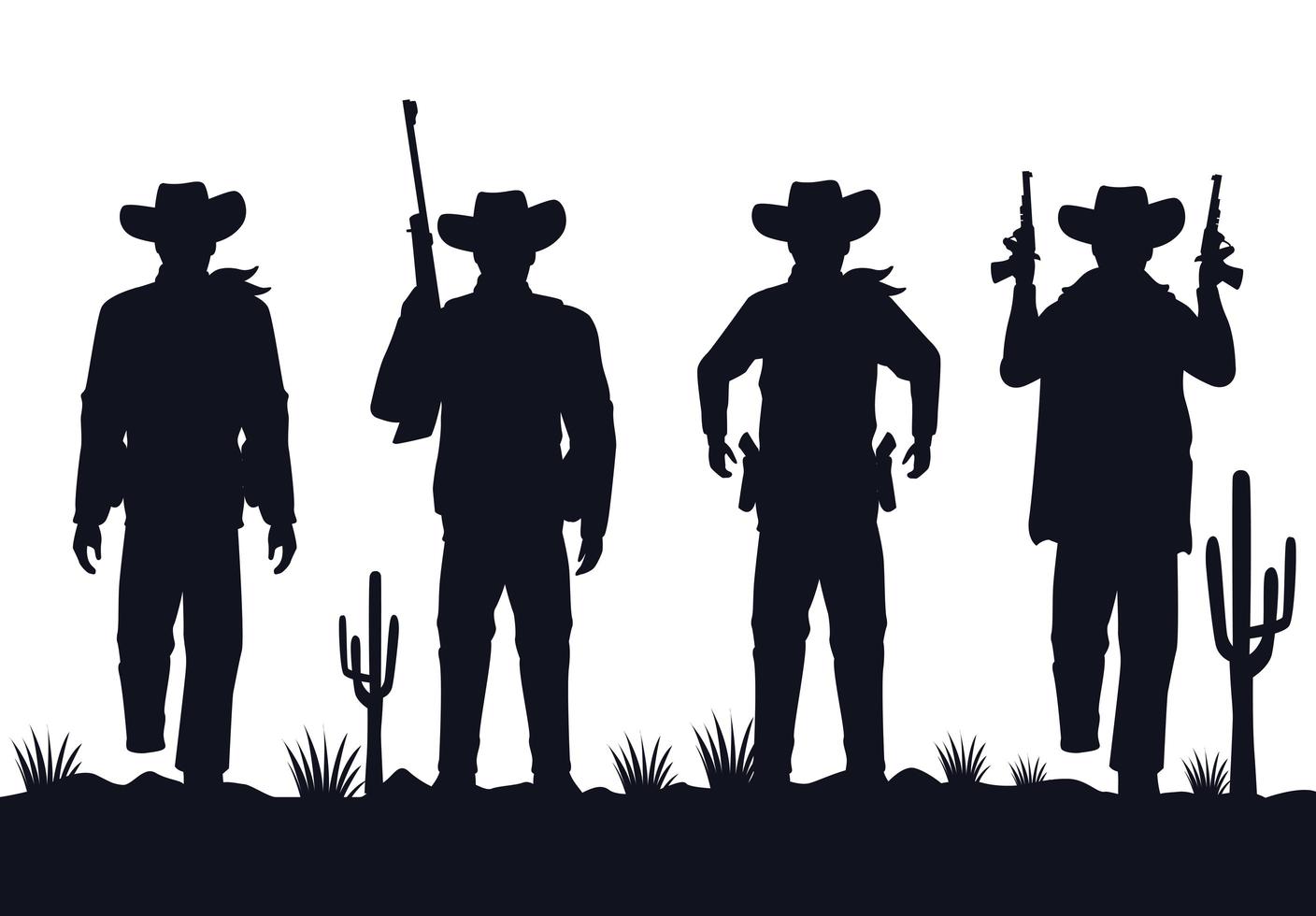 Cowboys figuras siluetas con personajes de armas en el desierto vector