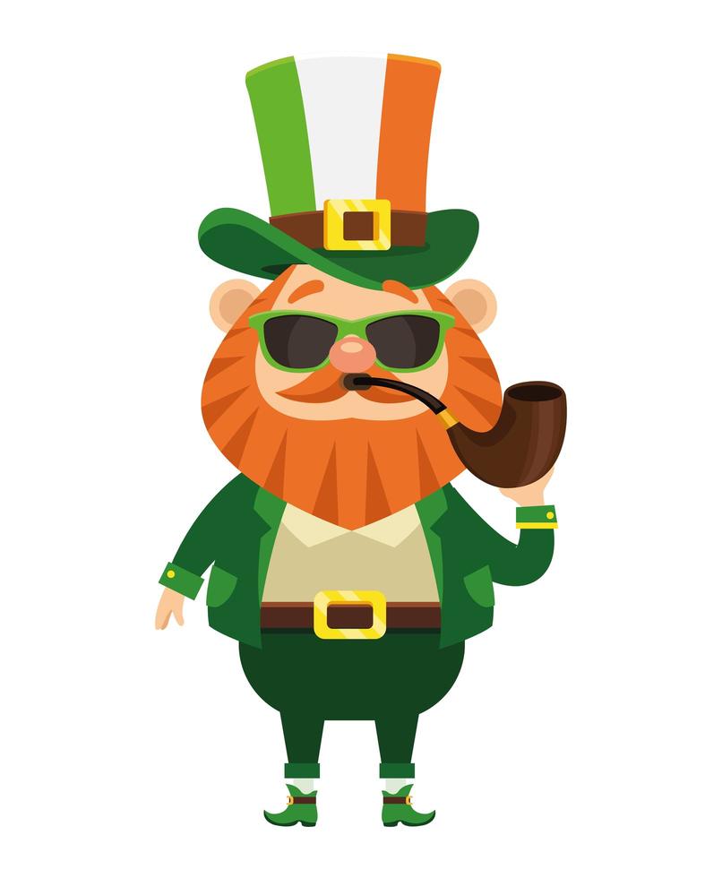 saint patrick leprechaun character with sunglasses smoking pipe vector