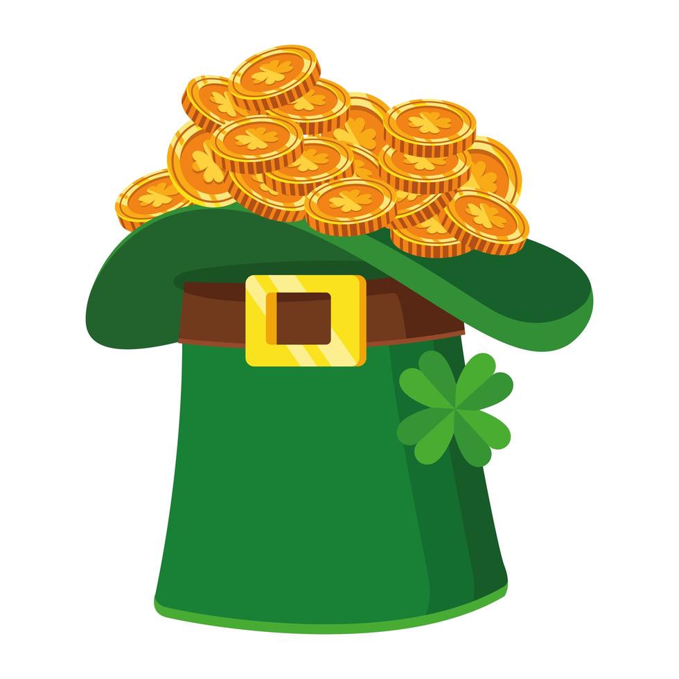 leprechaun green hat with coins treasure saint patrick icon vector