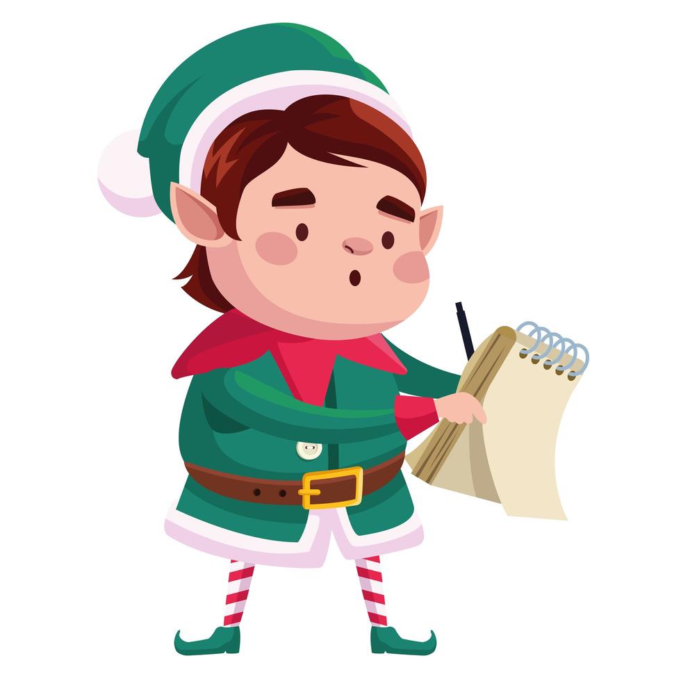 cute santa helper christmas character writing in notebook vector