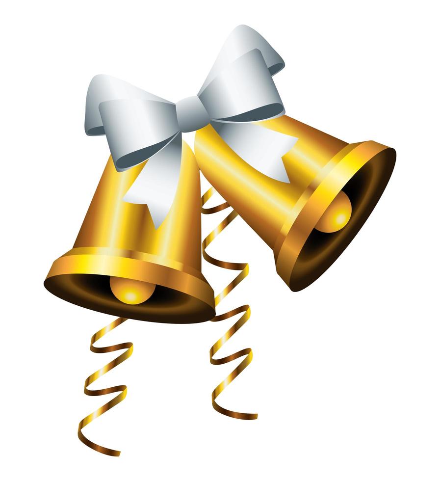 happy merry christmas golden bells with silver bow icon vector