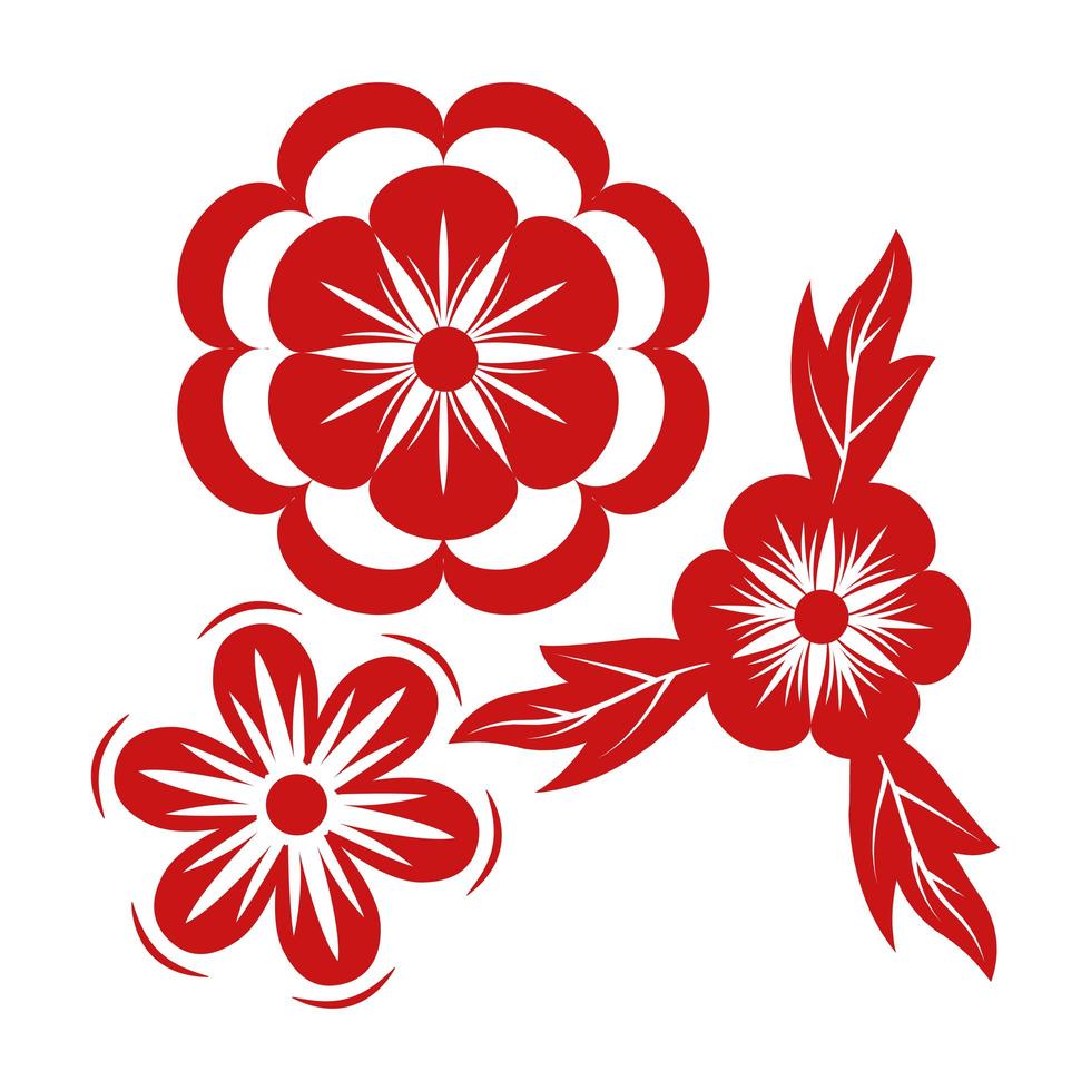 flowers and leafs red decorative icon vector