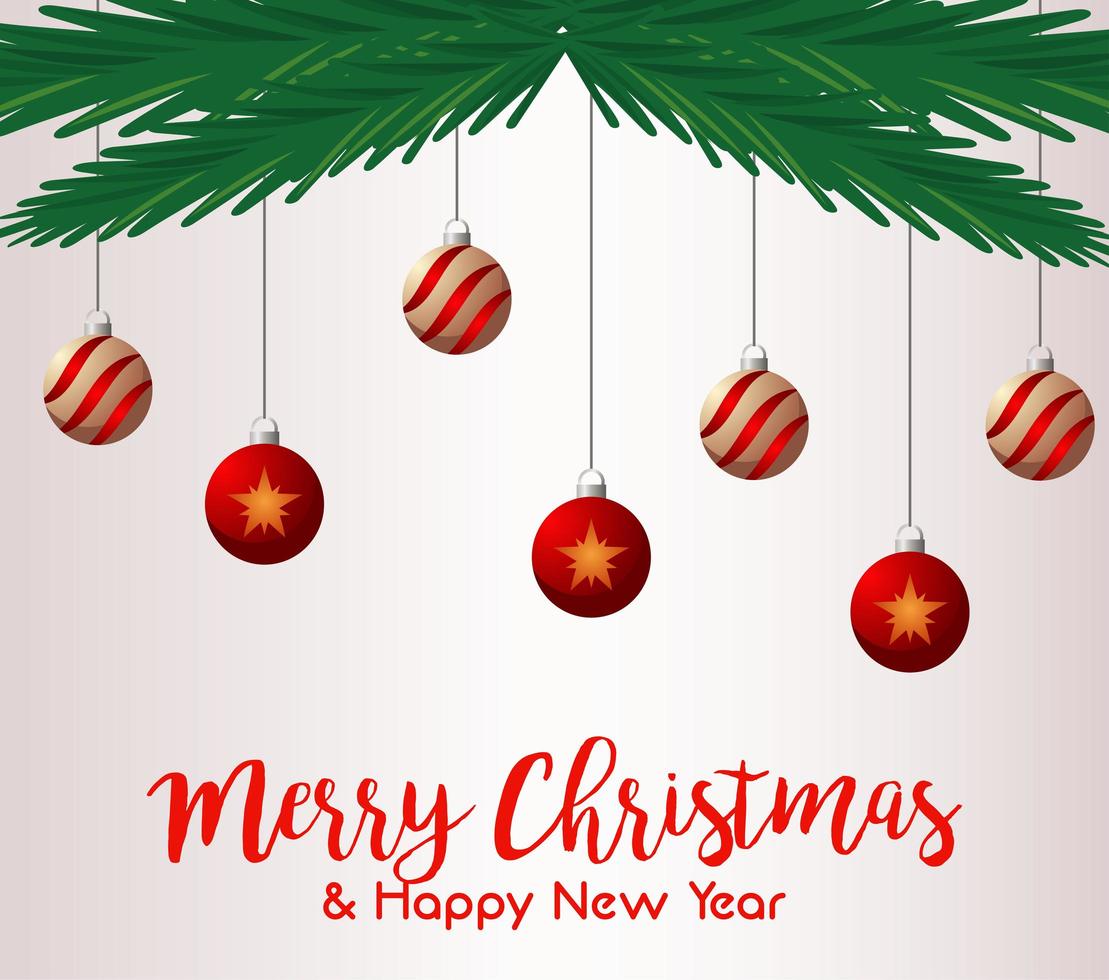 merry christmas and happy new year lettering card with balls hanging vector