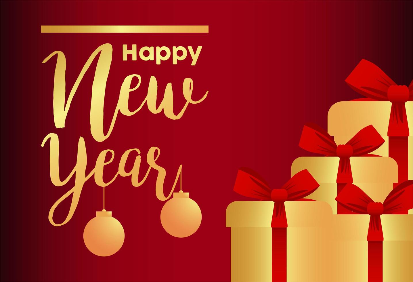 happy new year lettering golden card with gifts and balls vector