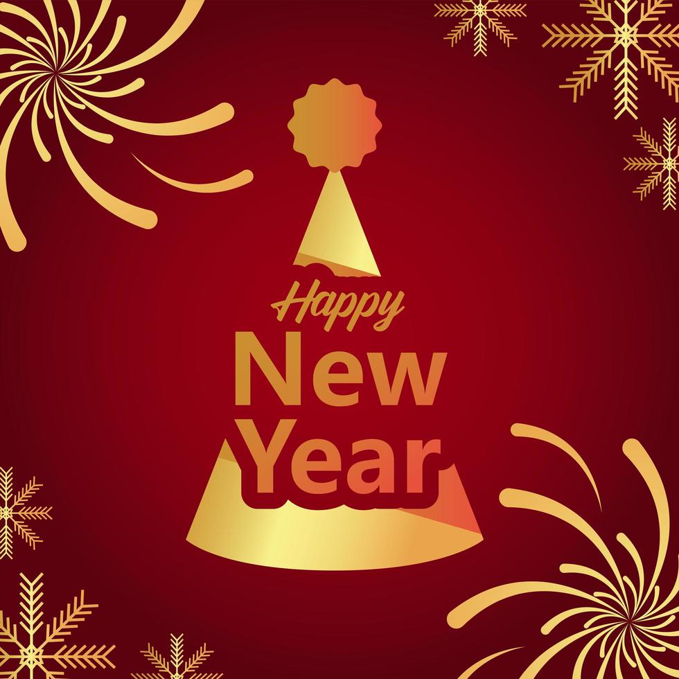 happy new year lettering golden card with party hat vector