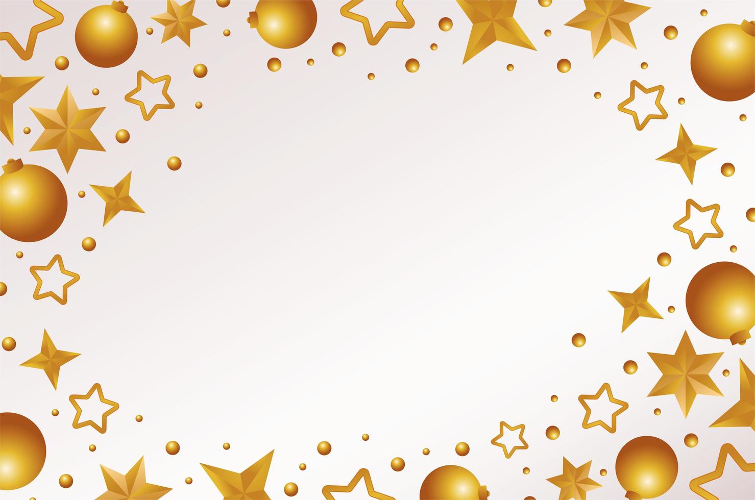 happy merry christmas card with golden stars and balls frame vector