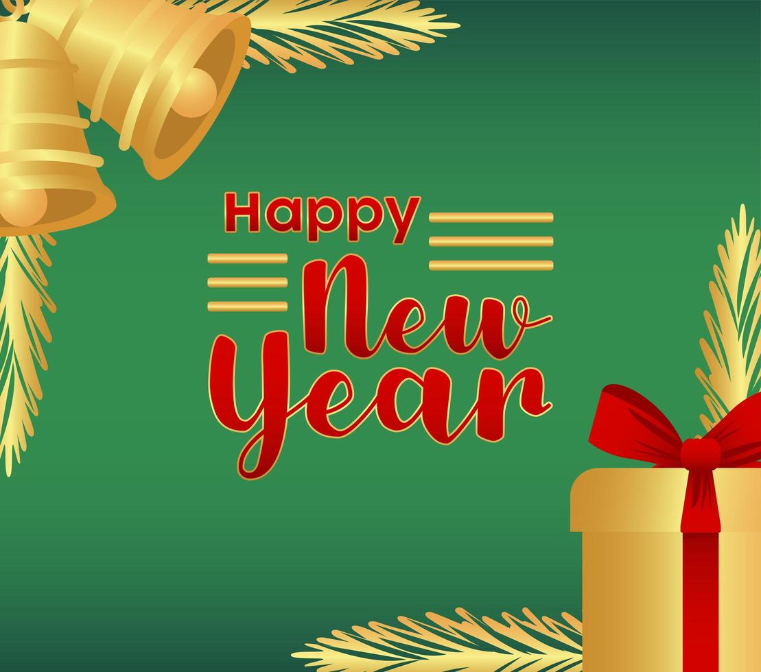 feliz año nuevo letras tarjeta dorada con campanas doradas y regalo vector