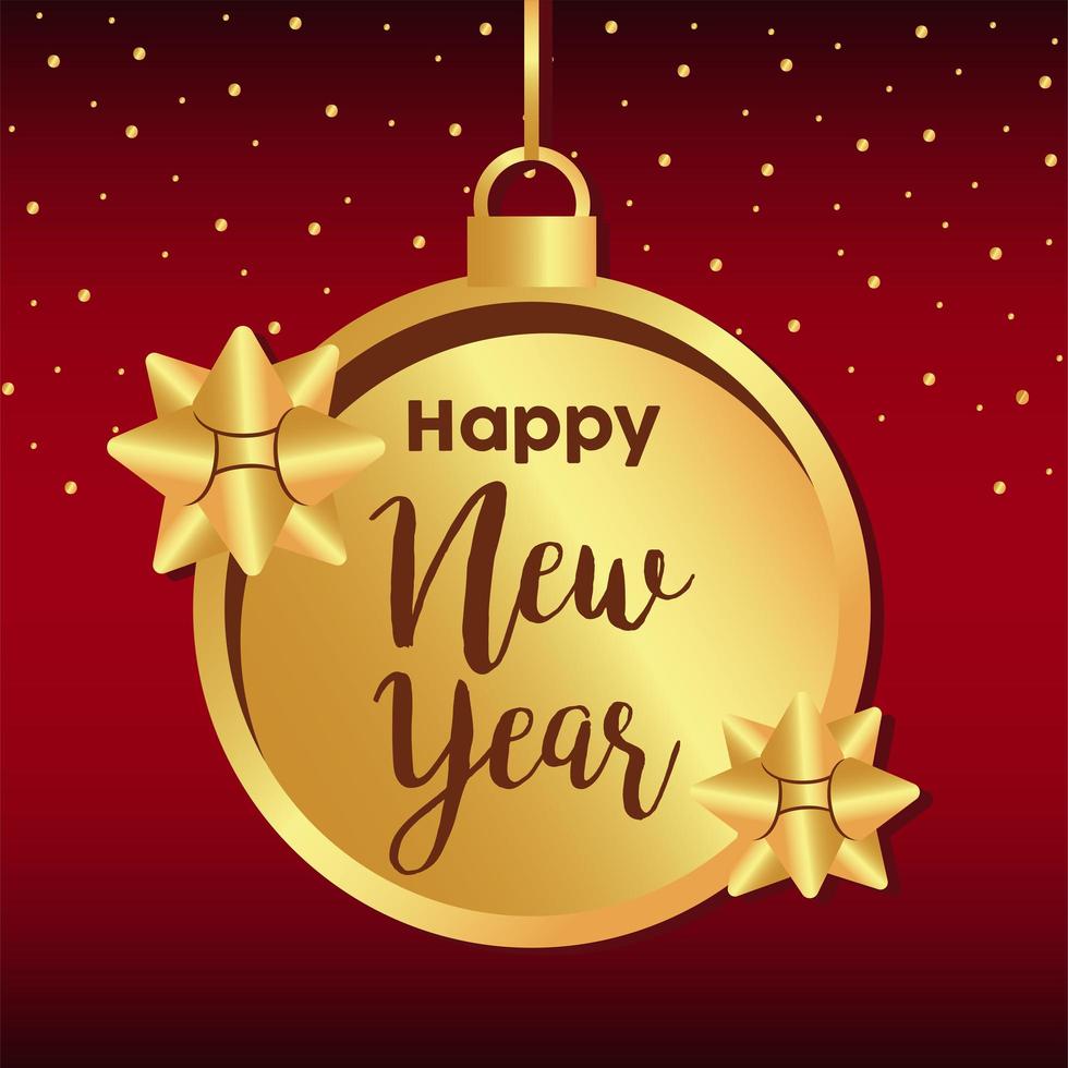 feliz año nuevo letras tarjeta dorada con bola y arcos vector