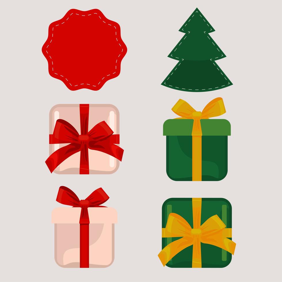 happy merry christmas gifts and pine tree vector