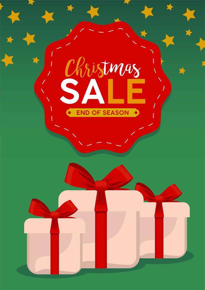 happy merry christmas sale lettering card with gifts and stars vector