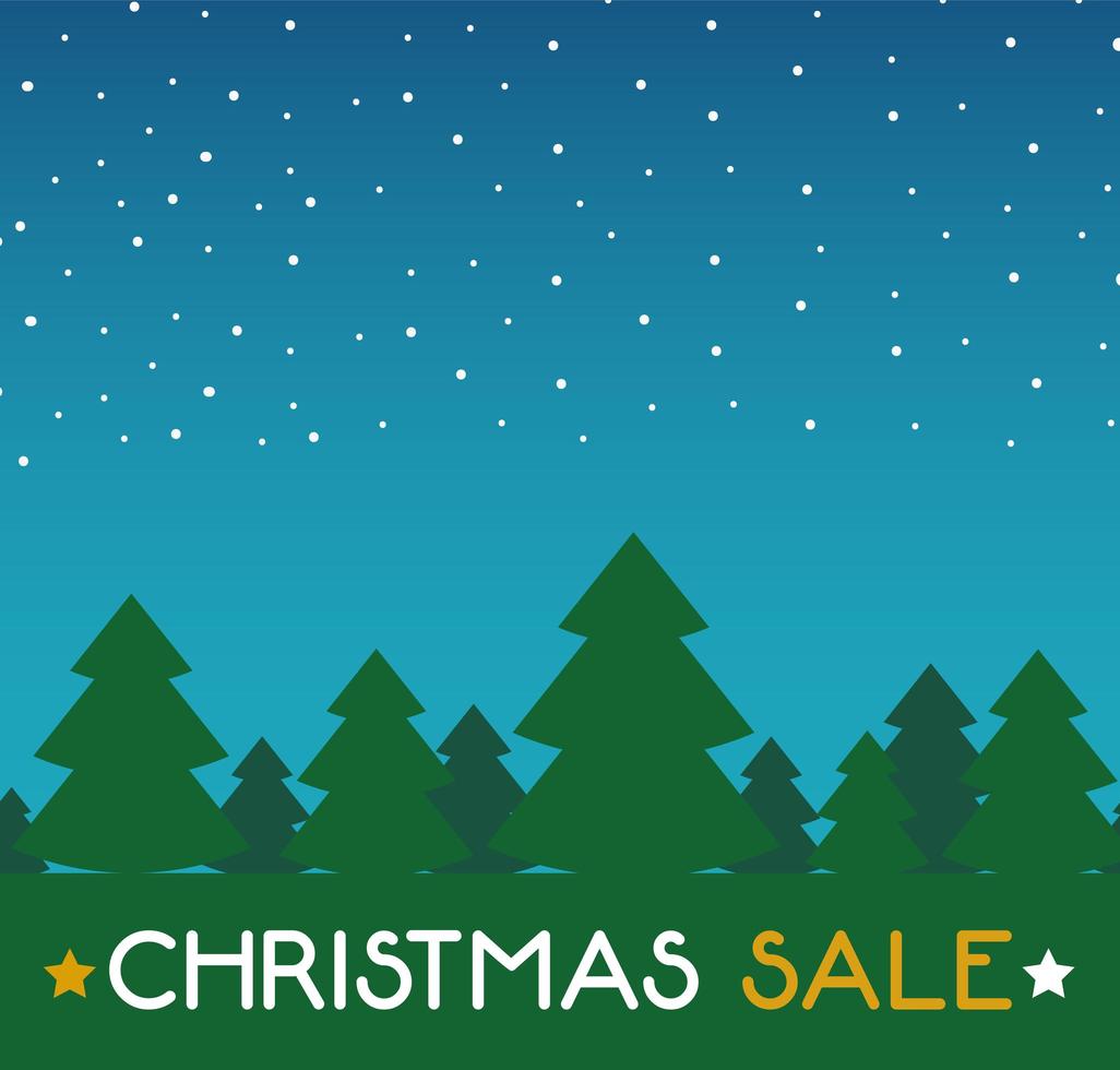 happy merry christmas sale lettering card with pines trees scene vector