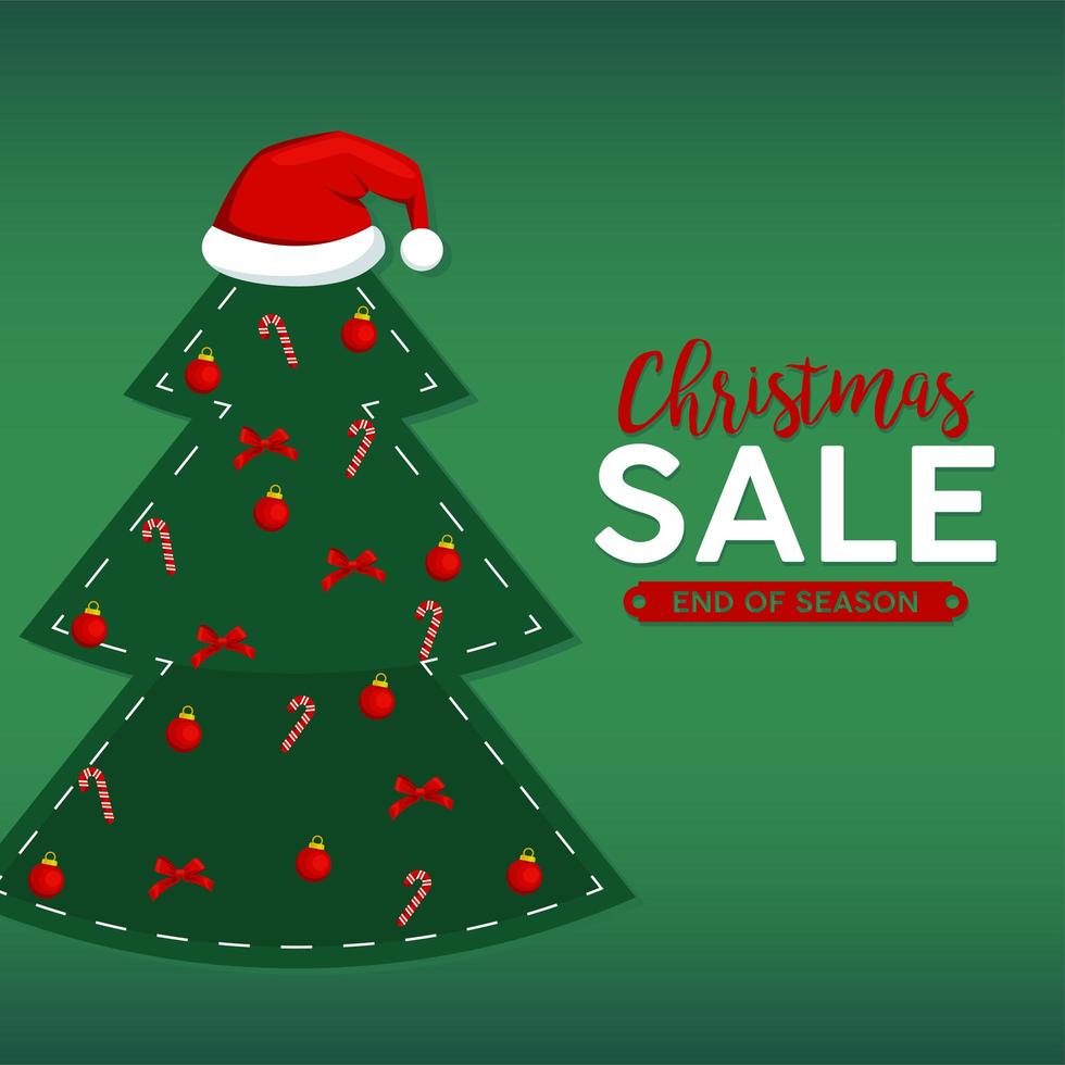 happy merry christmas sale lettering card with pine tree wearing santa hat vector