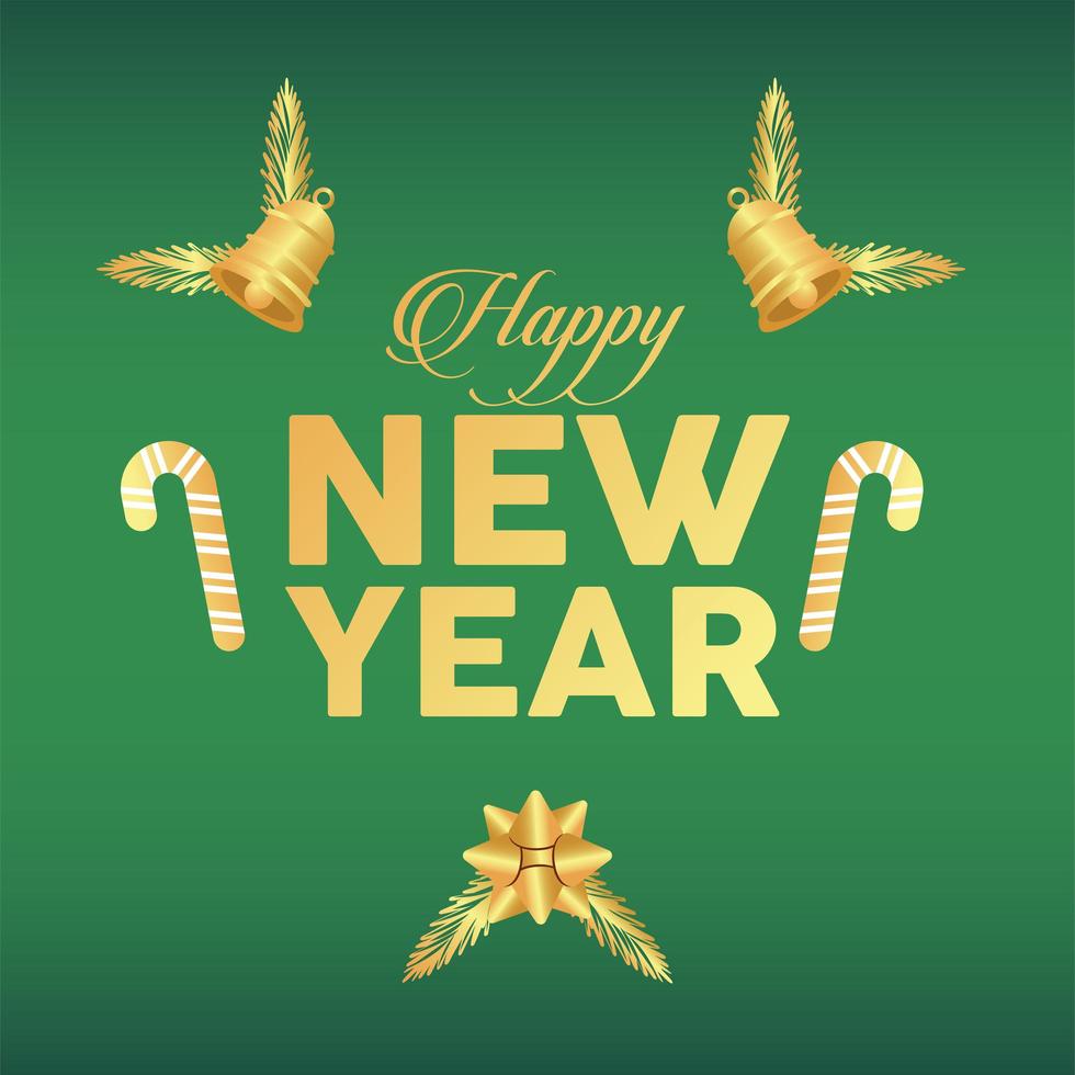 happy new year lettering golden card with bells and canes in green background vector