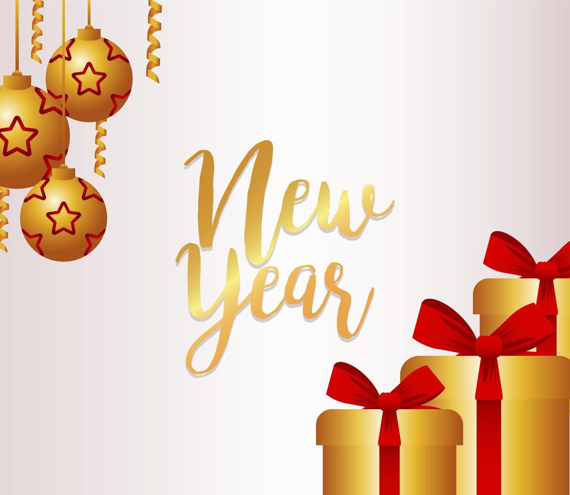 Feliz año nuevo tarjeta de letras con estrellas en bolas doradas y regalos vector