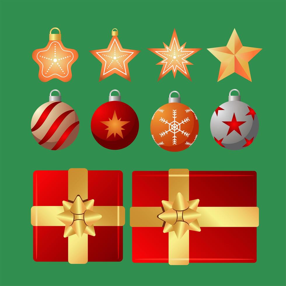 happy merry christmas set of stars and balls with gifts vector