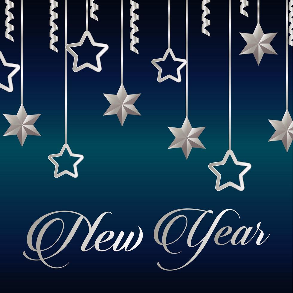 happy new year lettering card with silver stars hanging vector