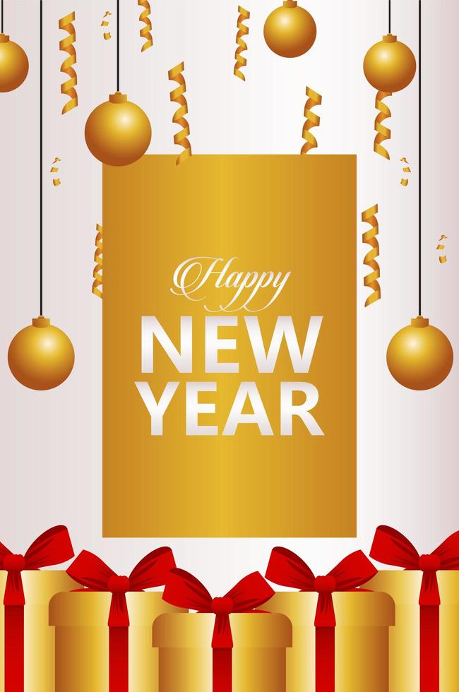 happy new year lettering card with golden balls and gifts vector