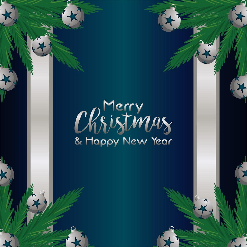 merry christmas and happy new year lettering card with balls and leafs in silver frame vector