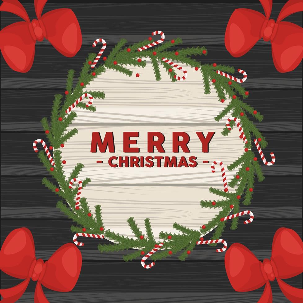 happy merry christmas lettering card with bows in circular wooden frame vector