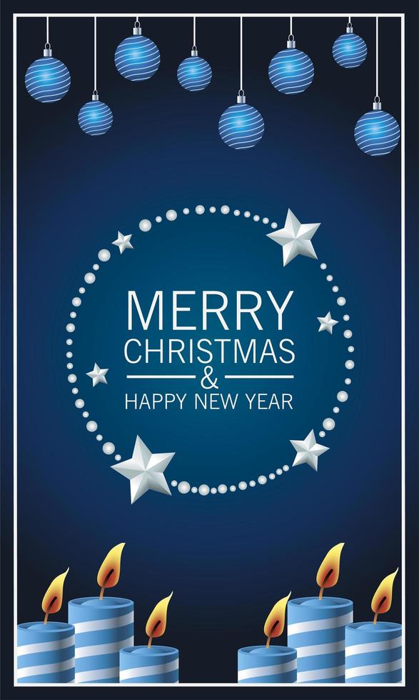happy merry christmas lettering card with candles and balls hanging vector