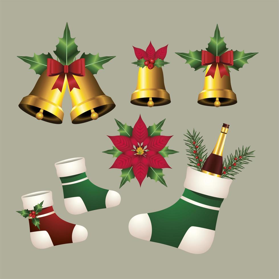 happy merry christmas with golden bells and socks vector