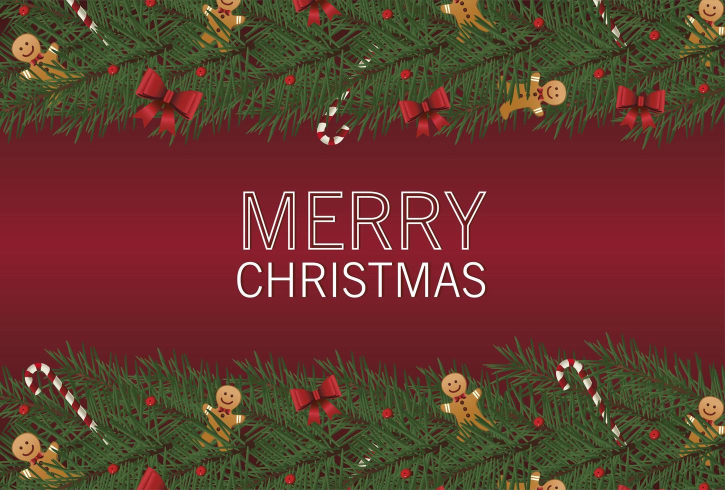 happy merry christmas lettering card with bows and gingerman in leafs frame vector