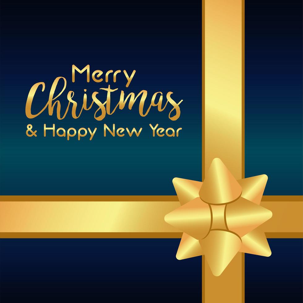 merry christmas and happy new year lettering card with golden bow ribbon vector